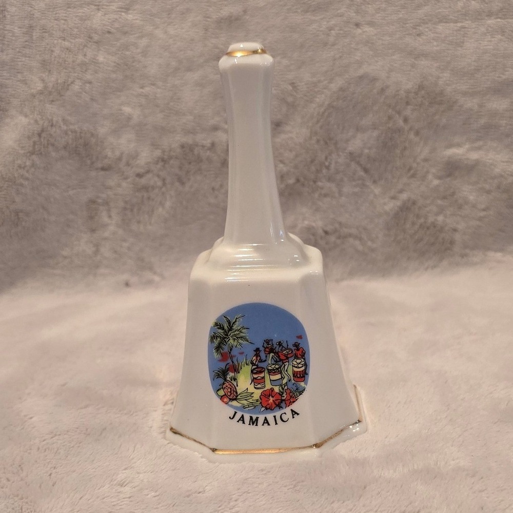 Vintage Mini Jamaica‎ Porcelain Souvenir Bell White Gold Trim Tropical Scene